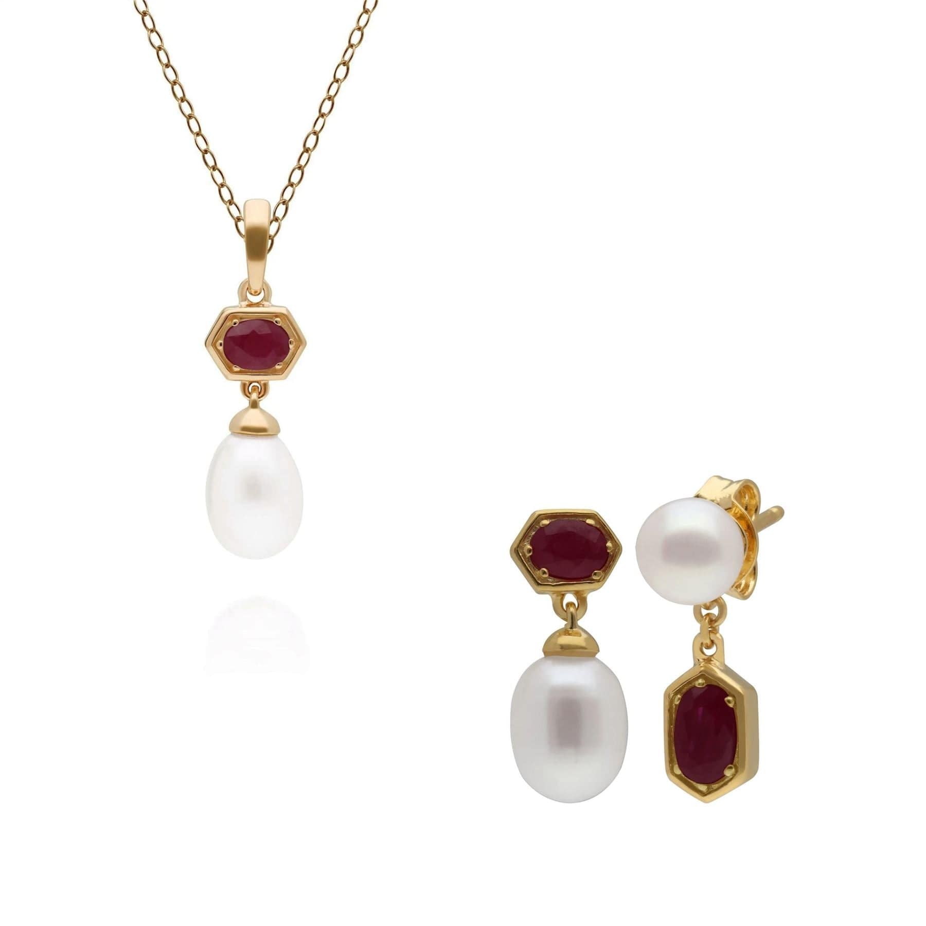 270P030202925-270E030202925 Modern Pearl & Ruby Earring & Pendant Set in Gold Plated Silver 1