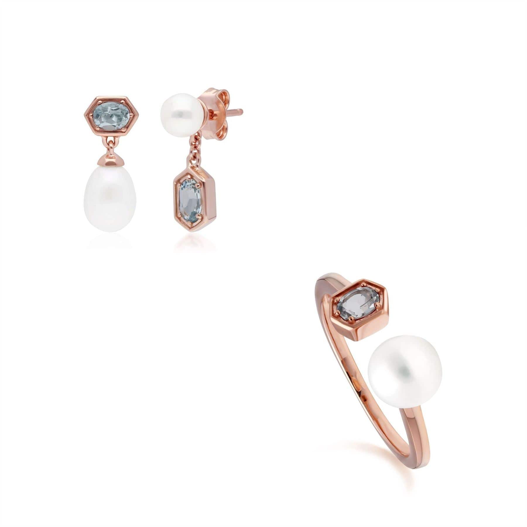 270E030404925-270R058905925 Modern Pearl & Aquamarine Earring & Ring Set in Rose Gold Plated Silver 1