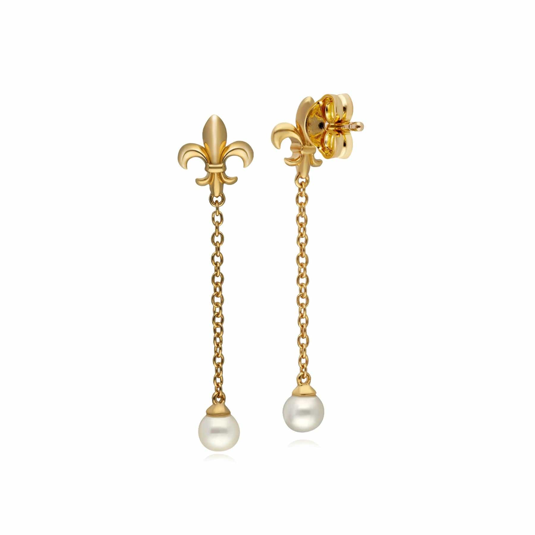 133E4119019 ECFEW™ Pearl Fleur De Lis Chain Drop Earrings In 9ct Yellow Gold 3