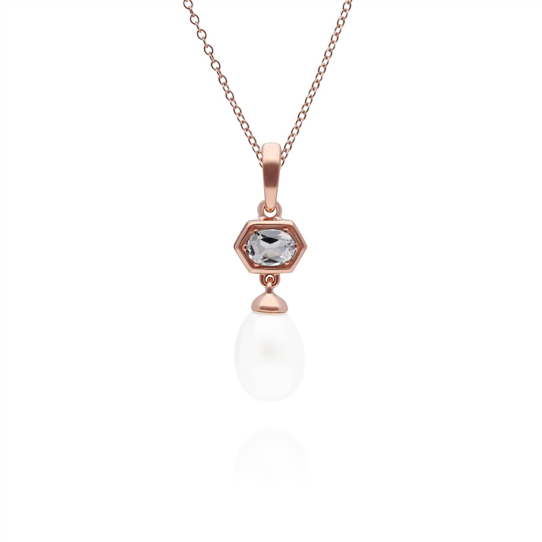 270P030409925 Modern Pearl & White Topaz Hexagon Drop Pendant in Rose Gold Plated Silver 1
