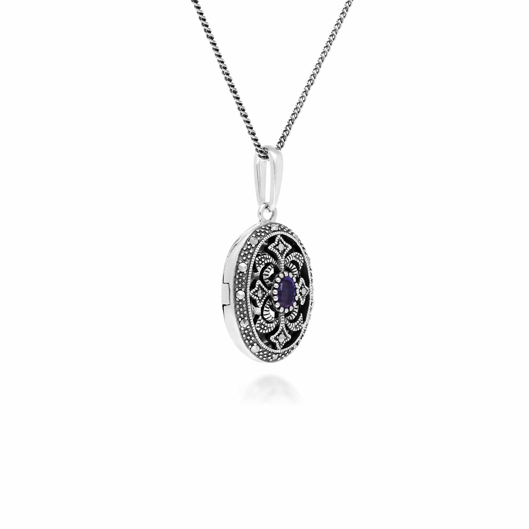214N716205925 Art Nouveau Style Oval Amethyst & Marcasite Locket Necklace in 925 Sterling Silver 2