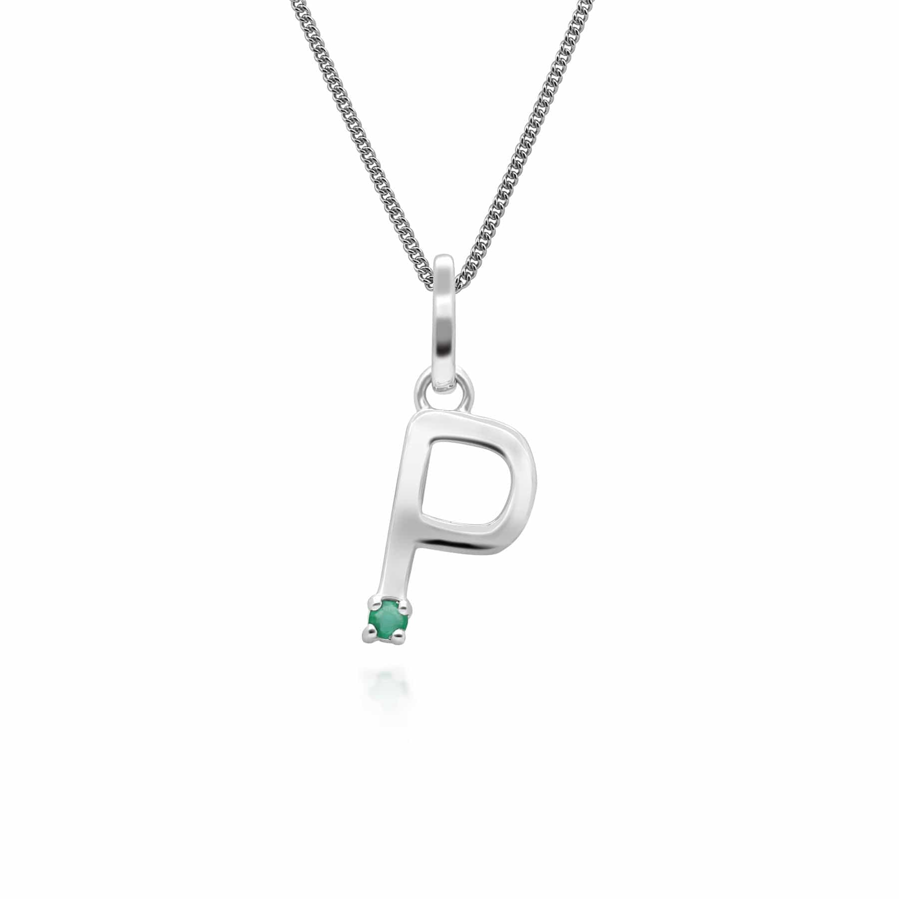 162P0260019 Initial Emerald Letter Charm Necklace in 9ct White Gold 15