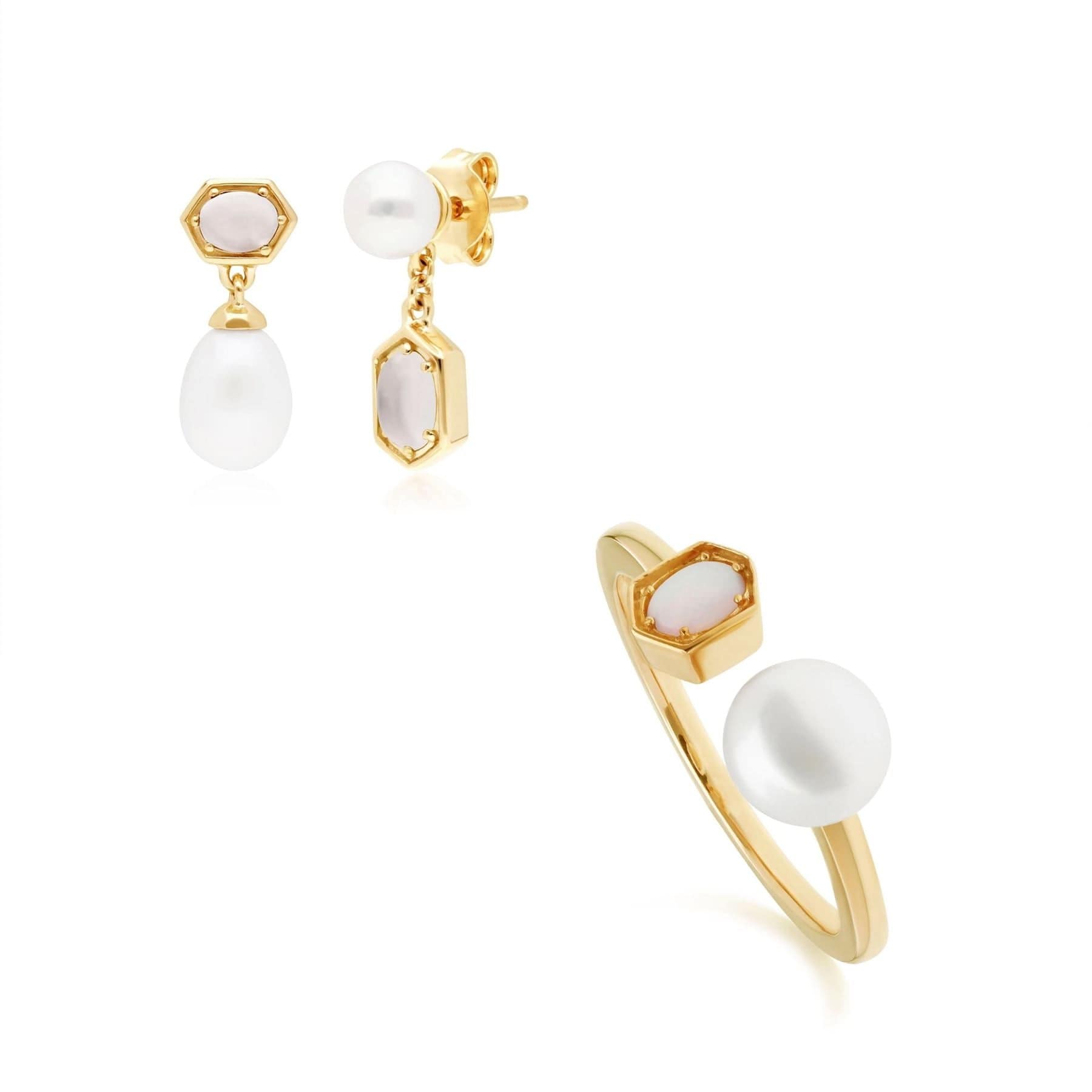 270E030602925-270R059002925 Modern Pearl & Moonstone Earring & Ring Set in Gold Plated Silver 1