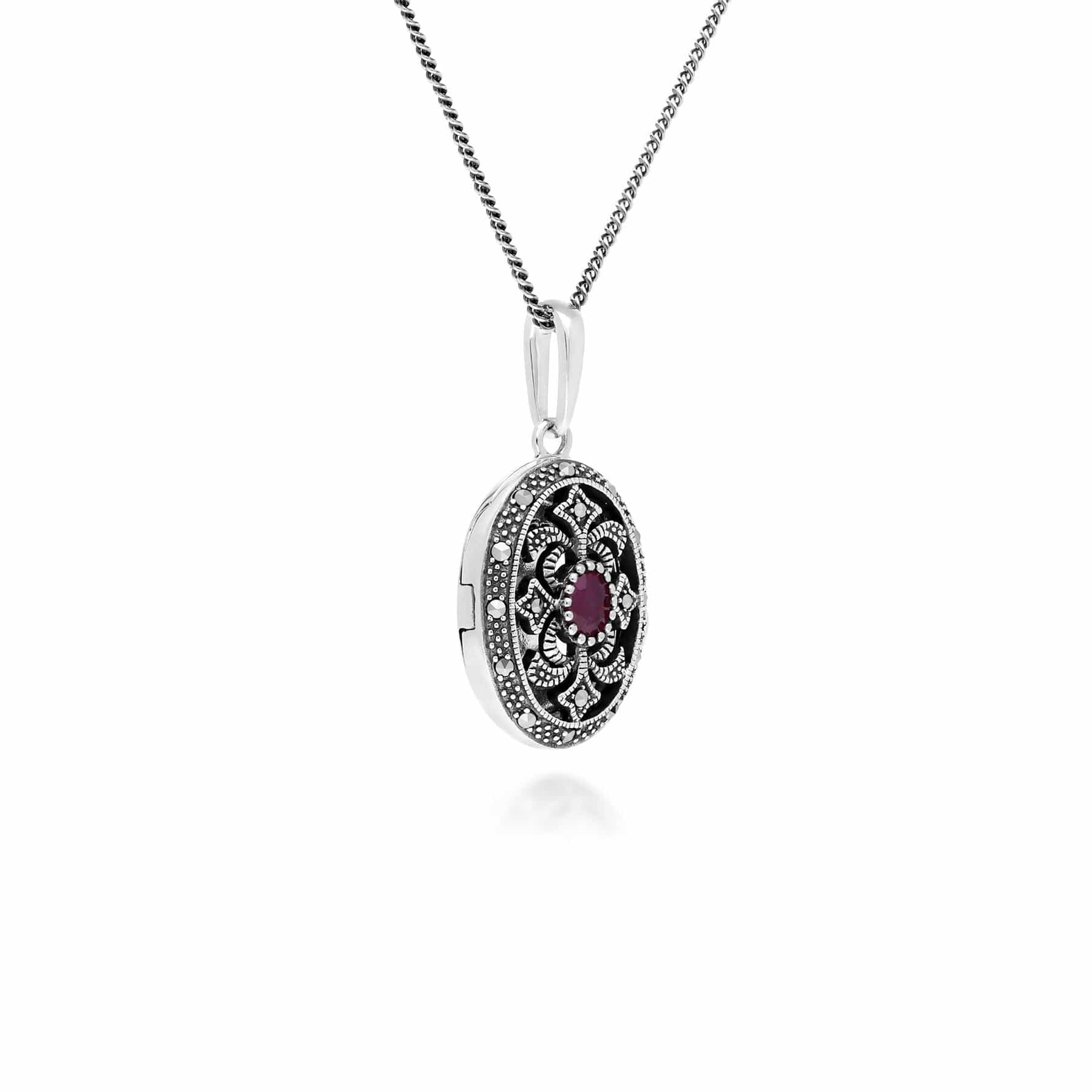 214N716202925 Art Nouveau Style Oval Ruby & Marcasite Locket Necklace in 925 Sterling Silver 2