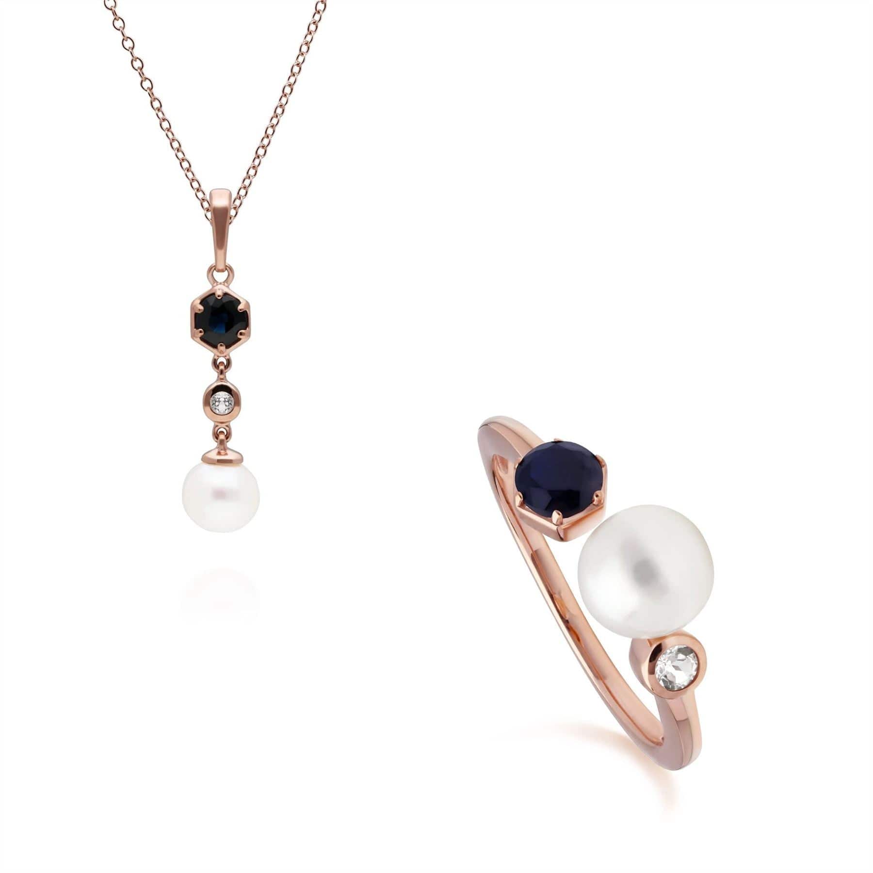270P030301925-270R058801925 Modern Pearl, Sapphire & Topaz Ring & Pendant Rose Gold Plated Set 1