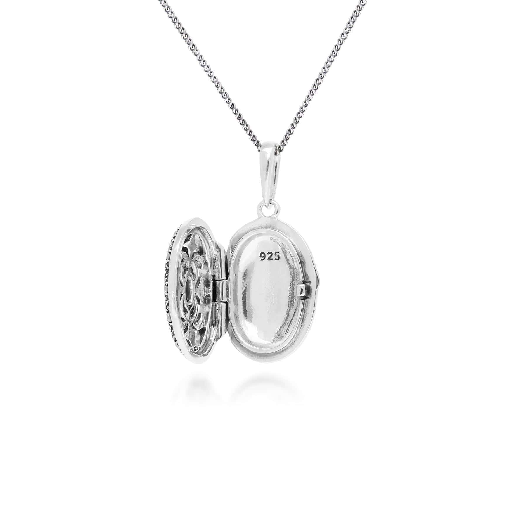 Art Nouveau Style Oval Opal & Marcasite Locket Necklace in 925 Sterling Silver - Gemondo