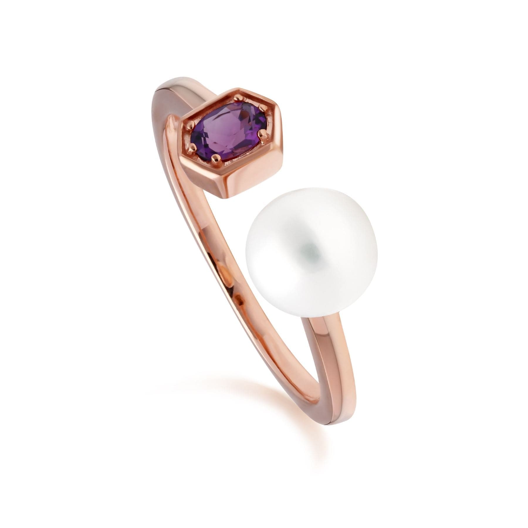 270R058904925 Modern Pearl & Amethyst Open Ring in Rose Gold Plated Silver 1