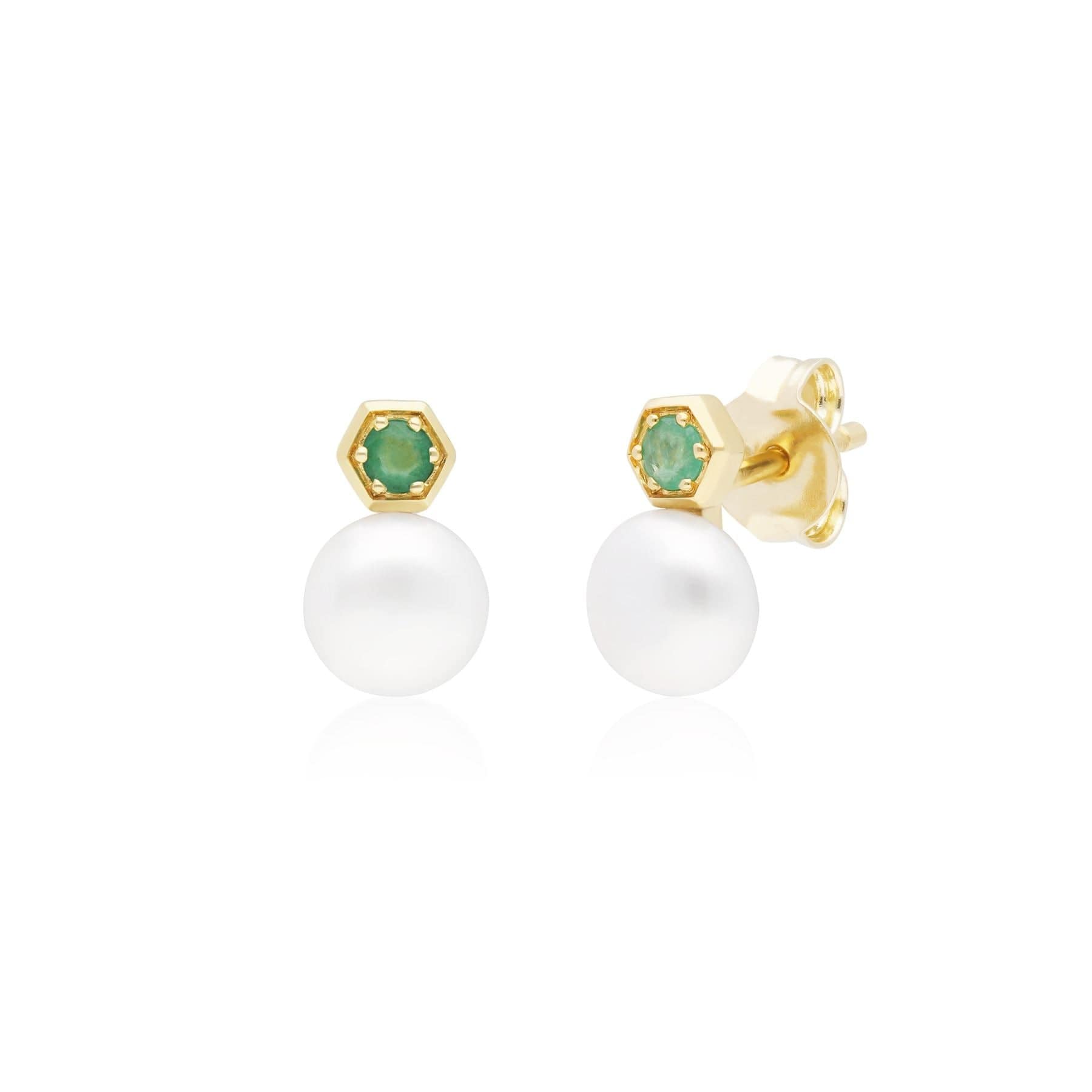 Modern Pearl & Emerald Stud Earrings in 9ct Gold - Gemondo