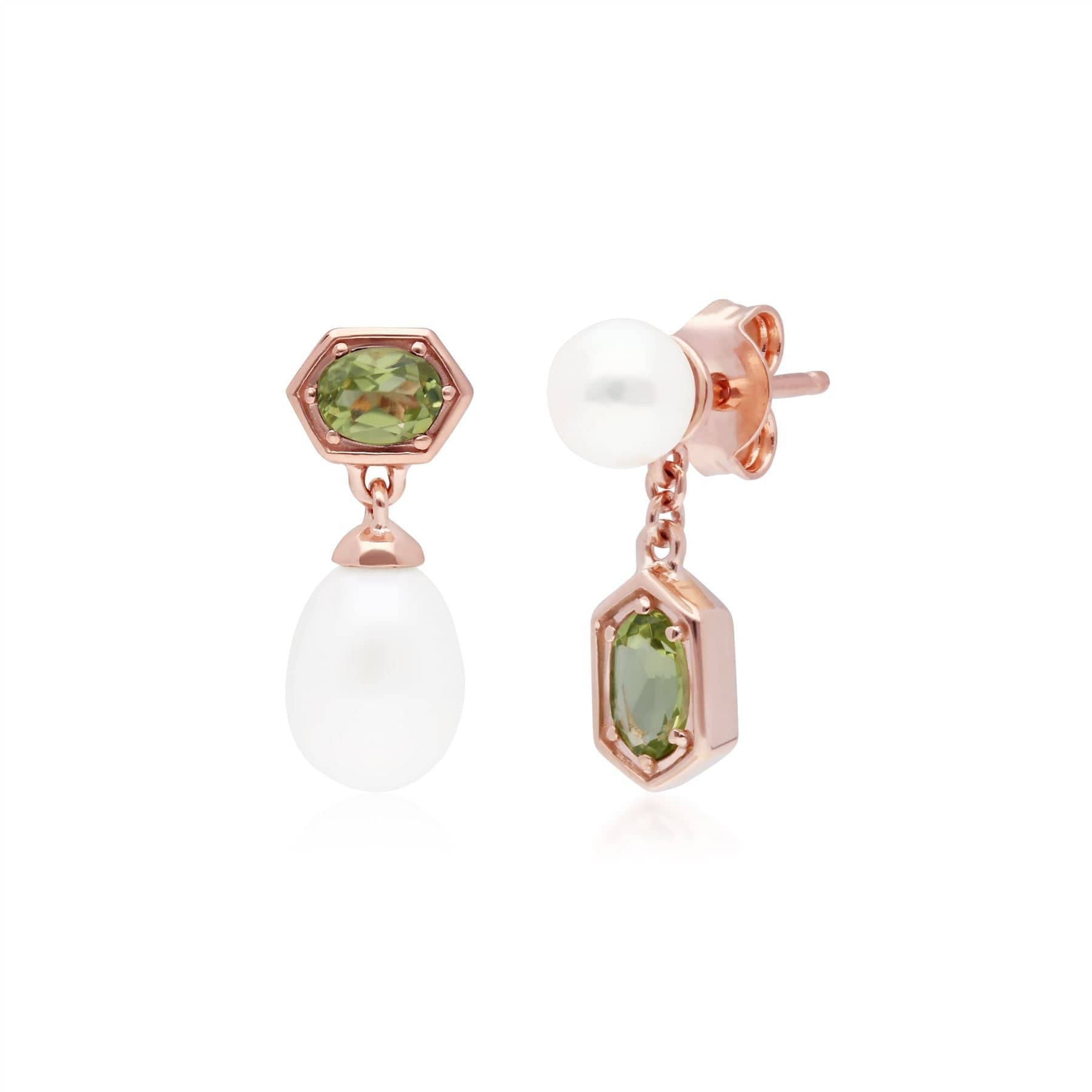 270E030406925 Modern Pearl & Peridot Mismatched Drop Earrings in Rose Gold Plated Silver 1