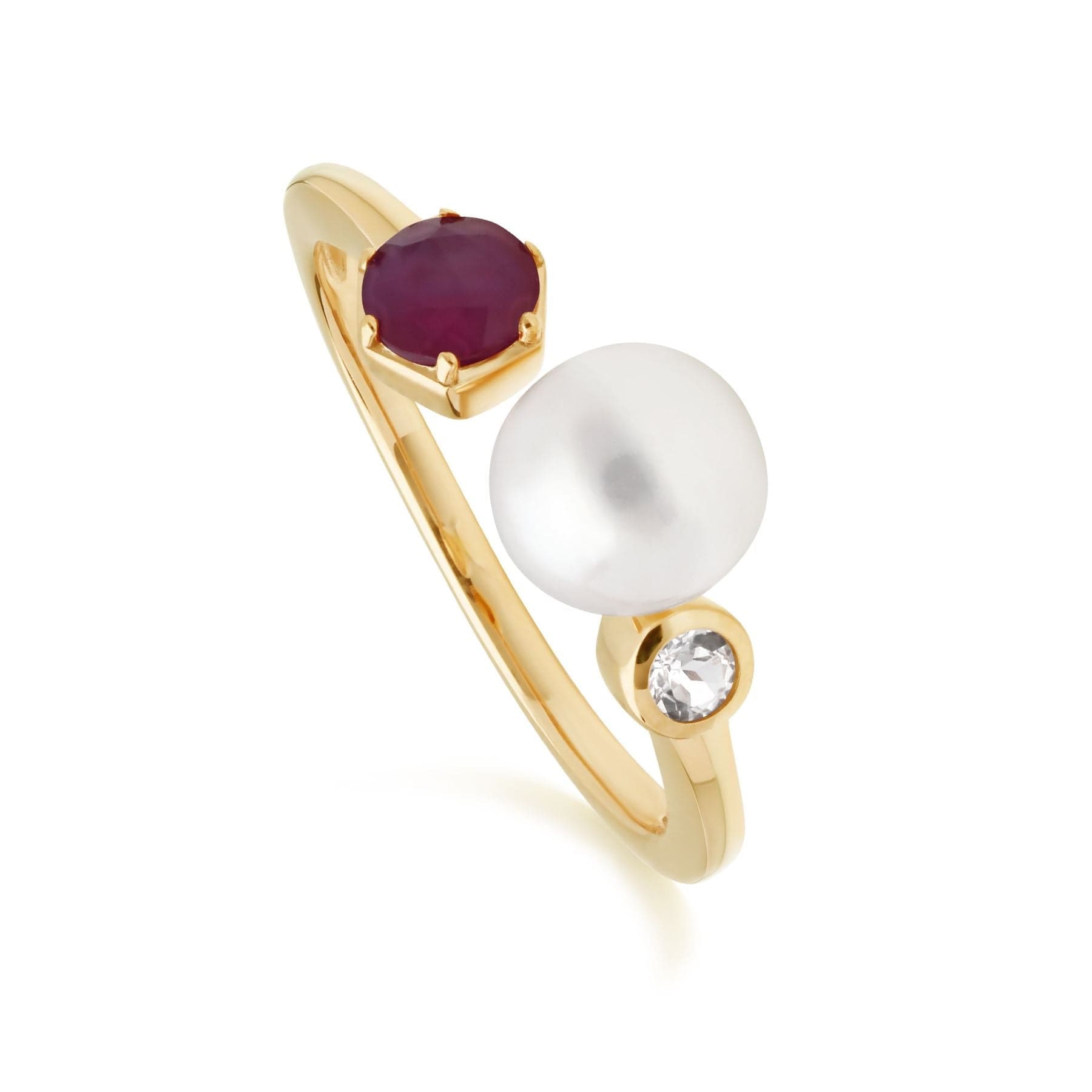 270R058602925 Modern Pearl, Ruby & Topaz Open Ring in Gold Plated Silver 1