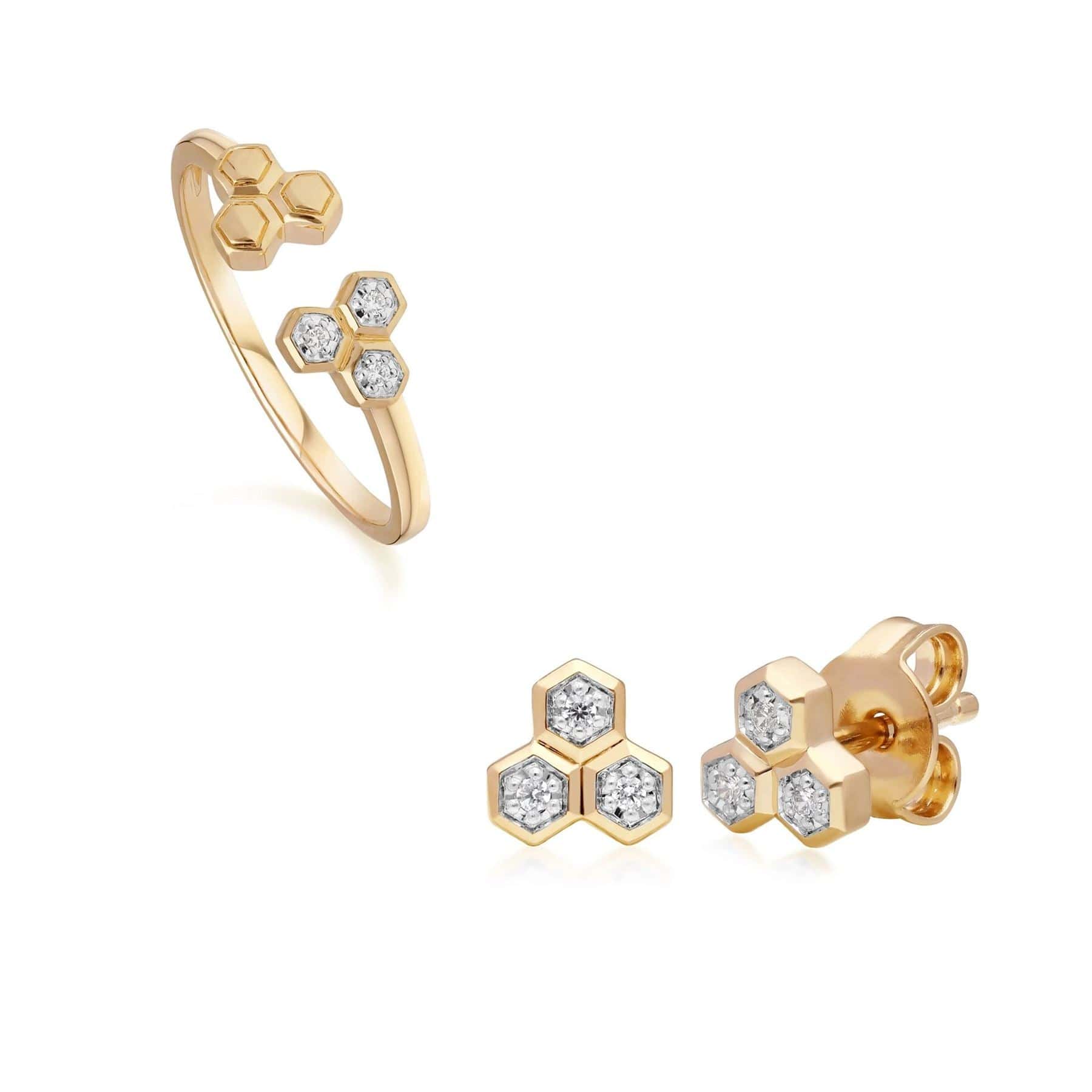 191E0398019-191R0907019 Diamond Trilogy Ring & Stud Earring Set in 9ct Yellow Gold 1