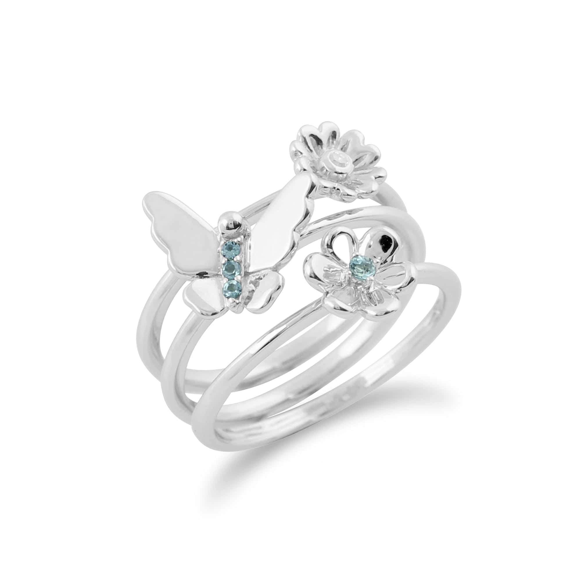 162R0159019-162R0158019-162R0157019 Floral Round Blue Topaz & Diamond Butterfly and Flowers Three Stack Ring Set in 9ct White Gold 2